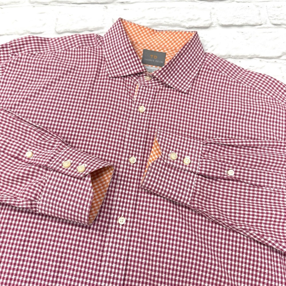 Thomas Dean Dress Shirt Mens L Red White Geometric Gangnam Star Print Flip Cuffs